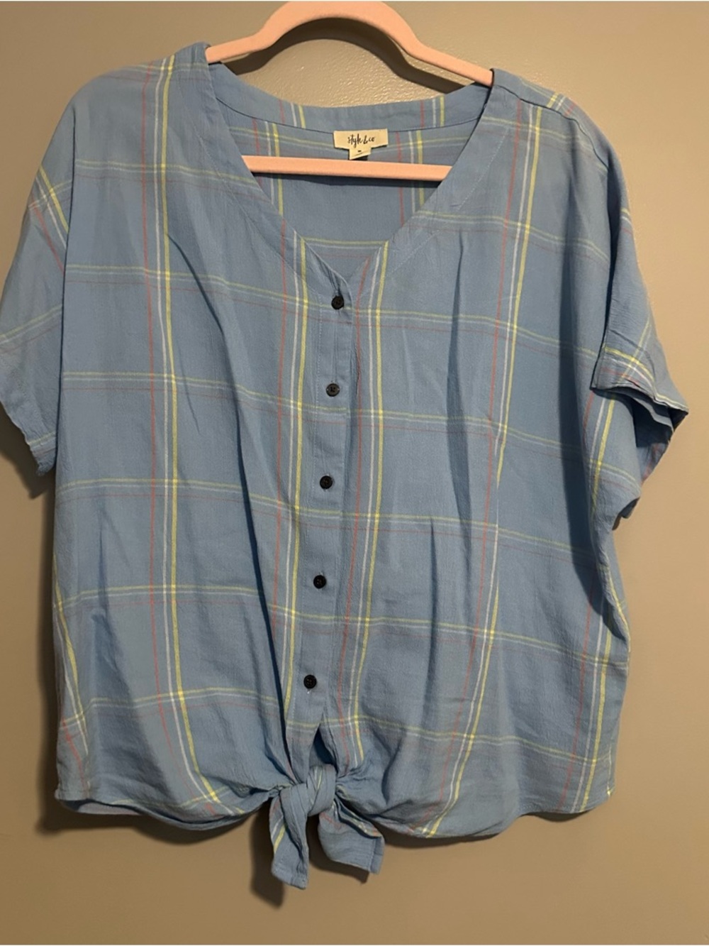Style & Co. Light Blue Button-Front Tie-Hem Top with Yellow & Pink Stripes